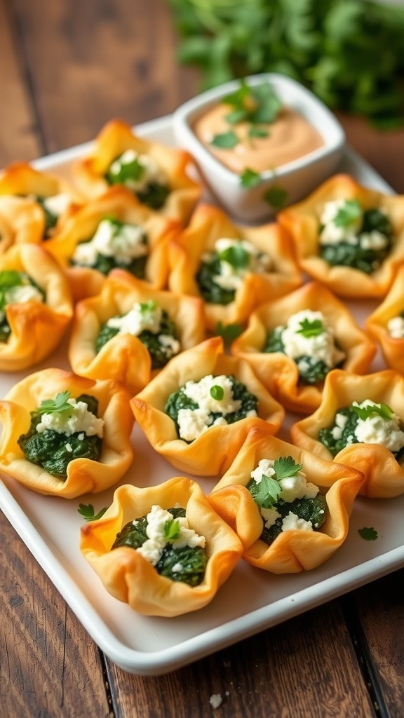 Golden spinach and feta stuffed pastry bites on a rustic serving platter.